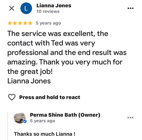 review of how excellent the service was refinishing bath tub