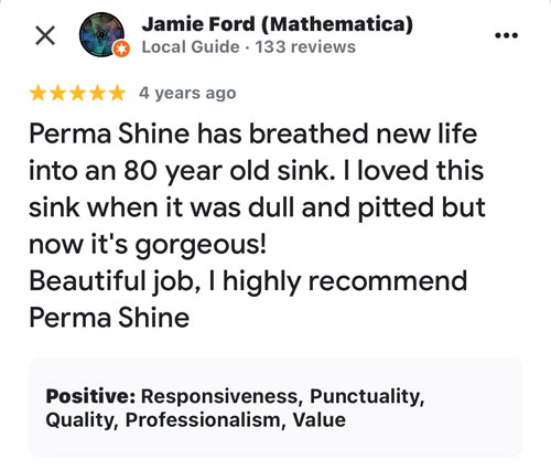 positive review of refinishing of 80 year old sink