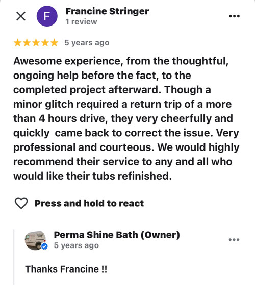 review of refinished tub that was a 4 hour drive away