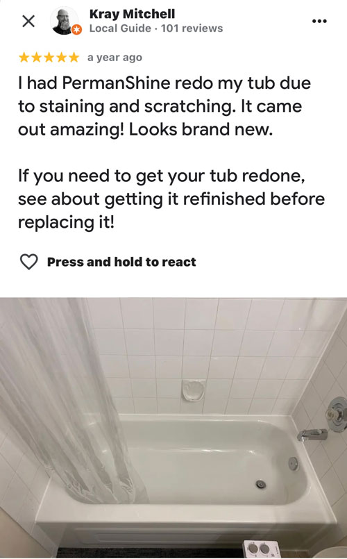 review of refinished tub that was stained and scratched